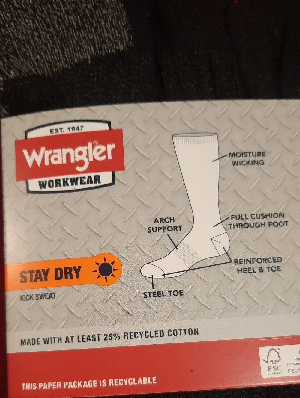 Wrangler Ultra Dry Crew Work Socks - 6 Pack Shoe Size 12-15 For Steel Toe